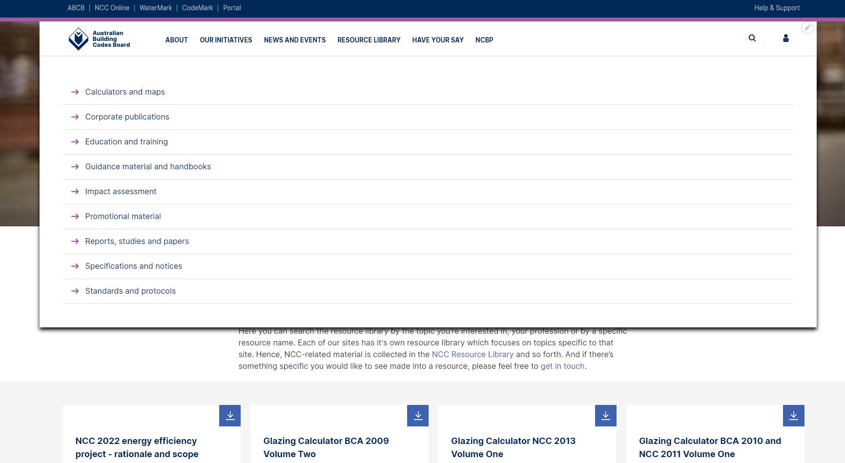 ABCB resource library drop down menu